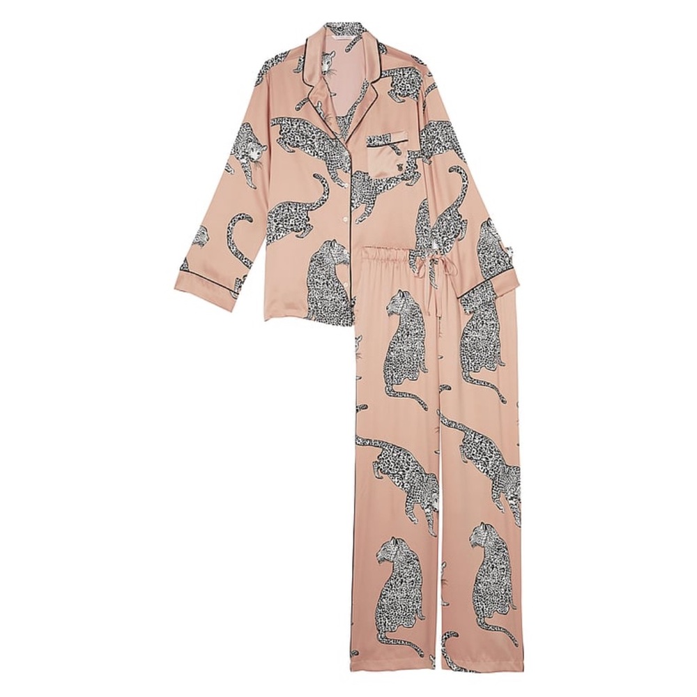 Victoria’s Secret Satin Long Pajama Set Evening Blush Leopards Pink